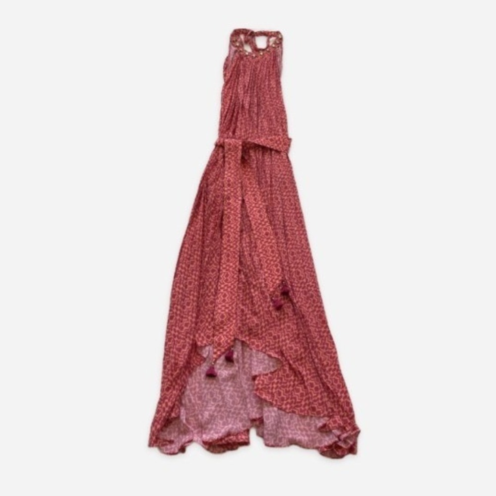 NWT Figue Jennifer Dress Embellished Halter High-Low Maxi Pink Orange GEOMP Med